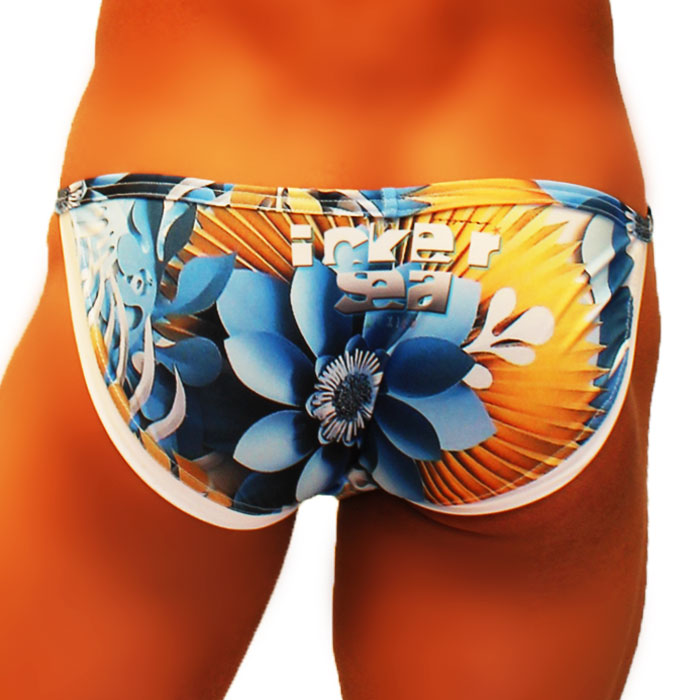 Icker sea greek floral micro slip bikini swimwear with blue and orange floral patterned men’s swim trunks and inner sea branding