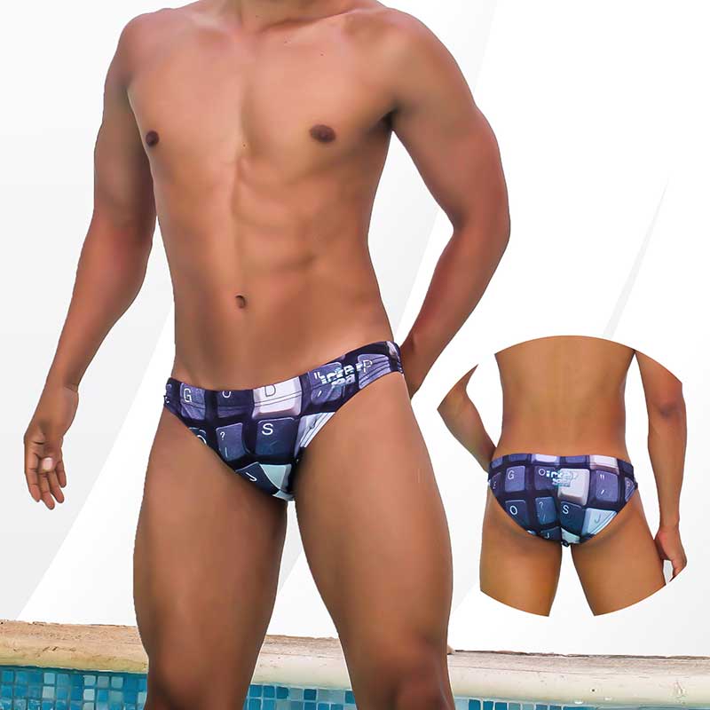 Men’s Icker Sea Keyboard Bikini Swimwear COB-22-10 swim trunks with vibrant blue and white keyboard key pattern