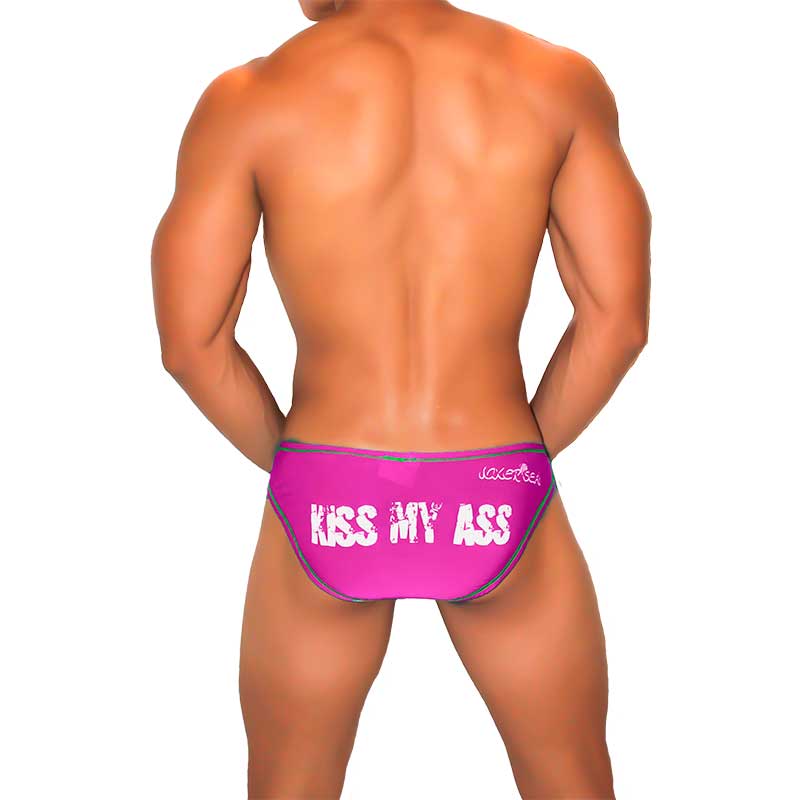 Vibrant pink jaxx men’s briefs with bold white kiss my ass text and dark contrast stitching in fuchsia bikini style