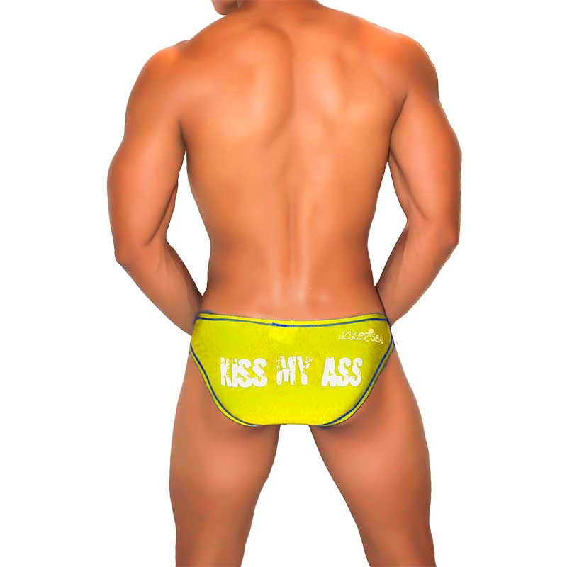 Vibrant neon yellow icker sea kiss my ass bikini underwear with bold white text and black contrast stitching trim