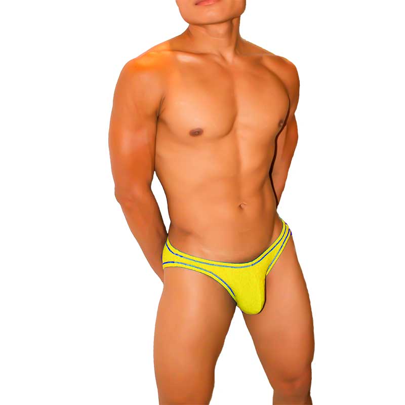 Vibrant yellow Icker Sea Kiss My Ass contrast stitching bikini underwear with blue trim in mango color COI-22-02