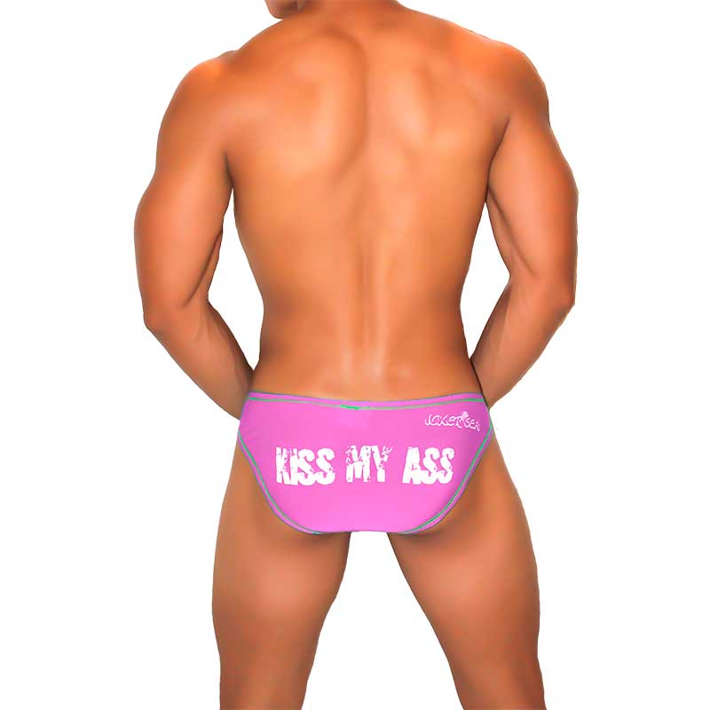 Icker Sea pink kiss my ass swim trunks with white lettering and subtle gray trim contrast stitching bikini underwear