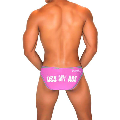 Icker Sea pink kiss my ass swim trunks with white lettering and subtle gray trim contrast stitching bikini underwear