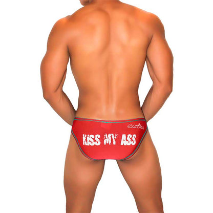 Red jakerise bikini briefs with white kiss my ass text and gray trim from icker sea contrast stitching collection
