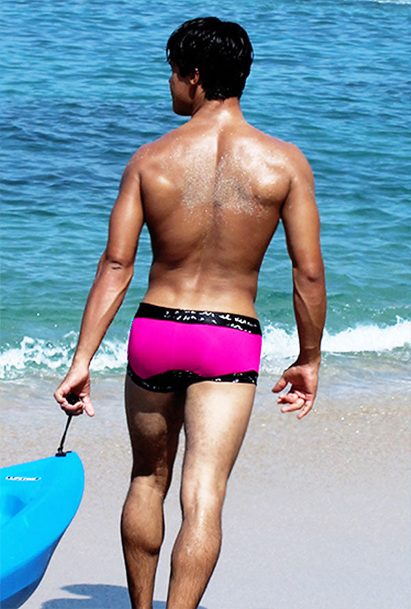 Icker Sea lace up contrast square cut trunk swimwear in bright pink with a black patterned waistband for men