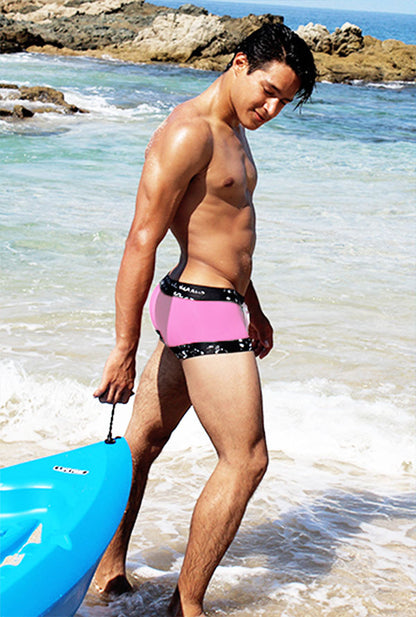 Icker Sea lace up contrast square cut pink swim trunks with black patterned trim for men beachwear