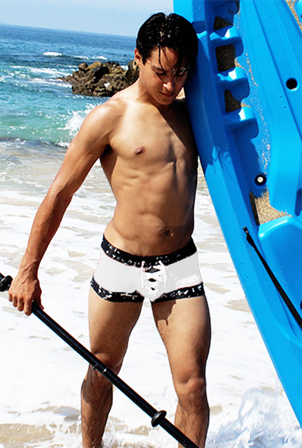 Icker Sea lace up contrast square cut trunk swimwear in white with black lace detailing and patterned trim