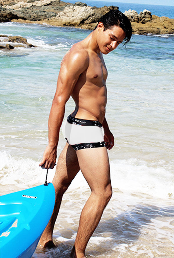 Icker Sea lace up contrast square cut trunk swimwear in white with black patterned trim for swimming and beach use