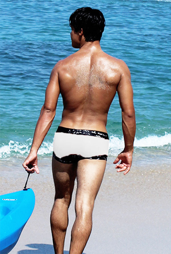 Icker Sea lace up contrast square cut trunk swimwear in white with black patterned trim for men