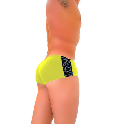 Vibrant neon yellow icker sea letters mini boxer brief underwear with black side panel and white abstract swirls