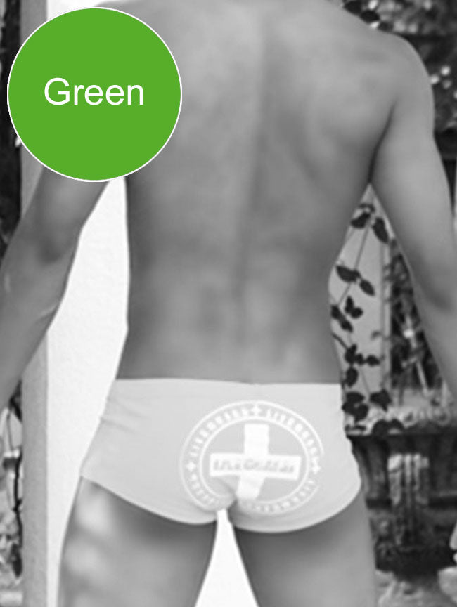 Green icker sea lifeguard brazilian square cut trunk swimwear with white circular cross logo on front side