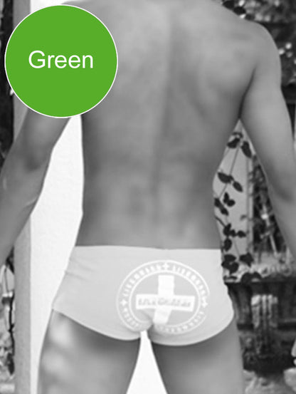 Green icker sea lifeguard brazilian square cut trunk swimwear with white circular cross logo on front side
