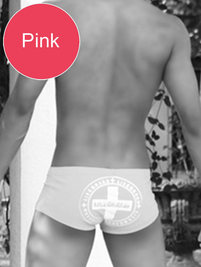 Pink icker sea lifeguard brazilian square cut trunk swimwear with white circular lifeguard logo on front