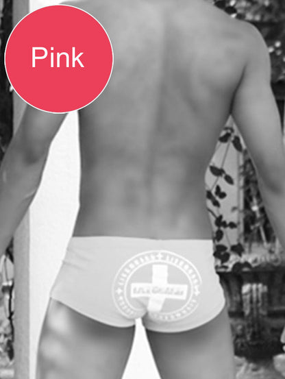Pink icker sea lifeguard brazilian square cut trunk swimwear with white circular lifeguard logo on front