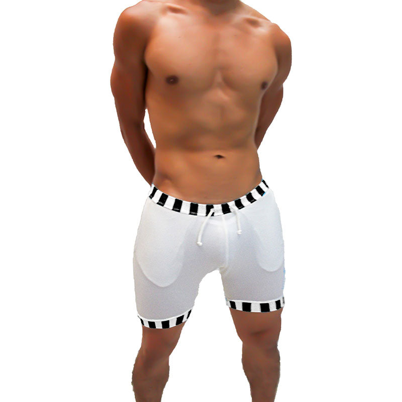 Icker Sea Lines candy stripe trim white athletic shorts with black and white striped waistband and drawstring closure
