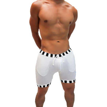 Icker Sea Lines candy stripe trim white athletic shorts with black and white striped waistband and drawstring closure