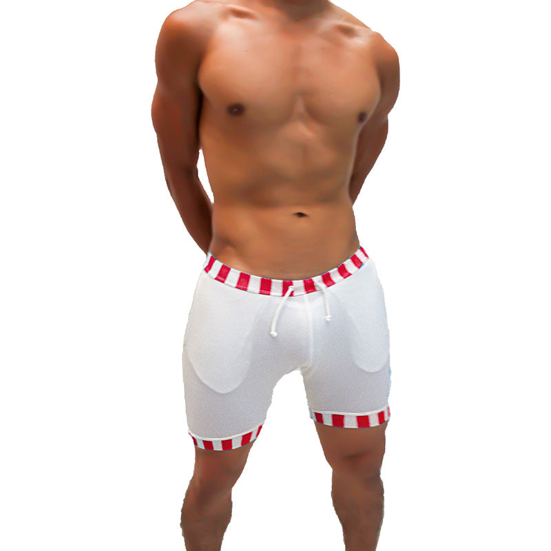 White icker sea lines athletic shorts with red and white striped trim and drawstring closure shr-21-01