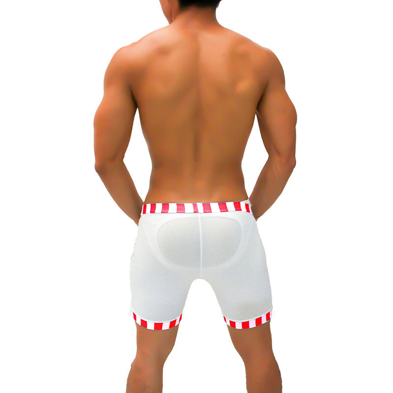 White athletic shorts with red and white striped trim translucent material from icker sea lines candy stripe trim collection
