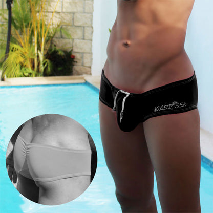 Black laker sen low rise scrunched back cheeky mini square cut swim trunks with white drawstring and waistband embroidery