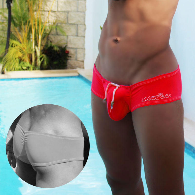Bright red waker sea low rise scrunched back cheeky mini square cut swim trunks with white drawstring and embroidery