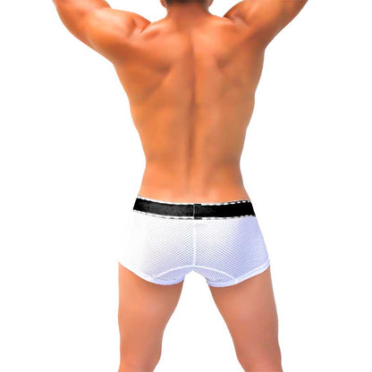 White mesh boxer briefs with black elastic waistband from icker sea featuring breathable contrast mesh fabric