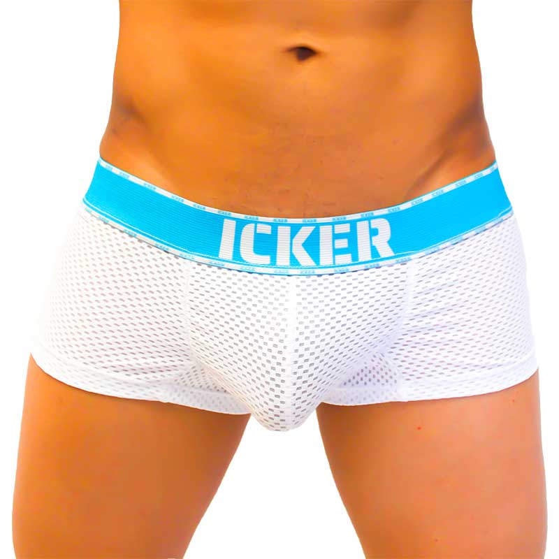 White mesh icker sea mesh contrast boxer briefs with bright blue waistband and bold white icker branding