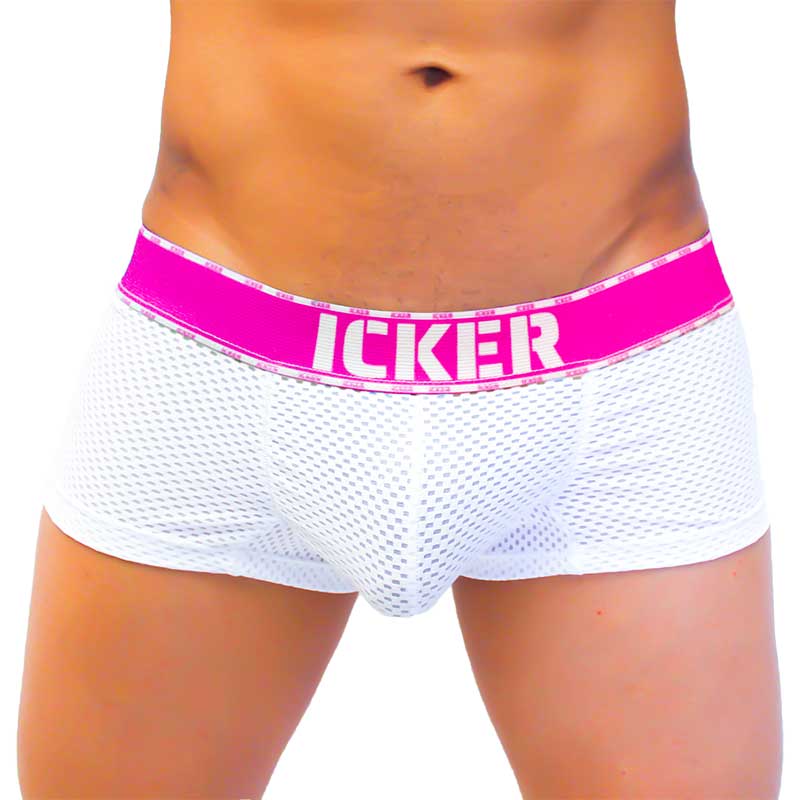 White mesh men’s boxer brief underwear with bright fuchsia waistband and icker brand name in bold white letters