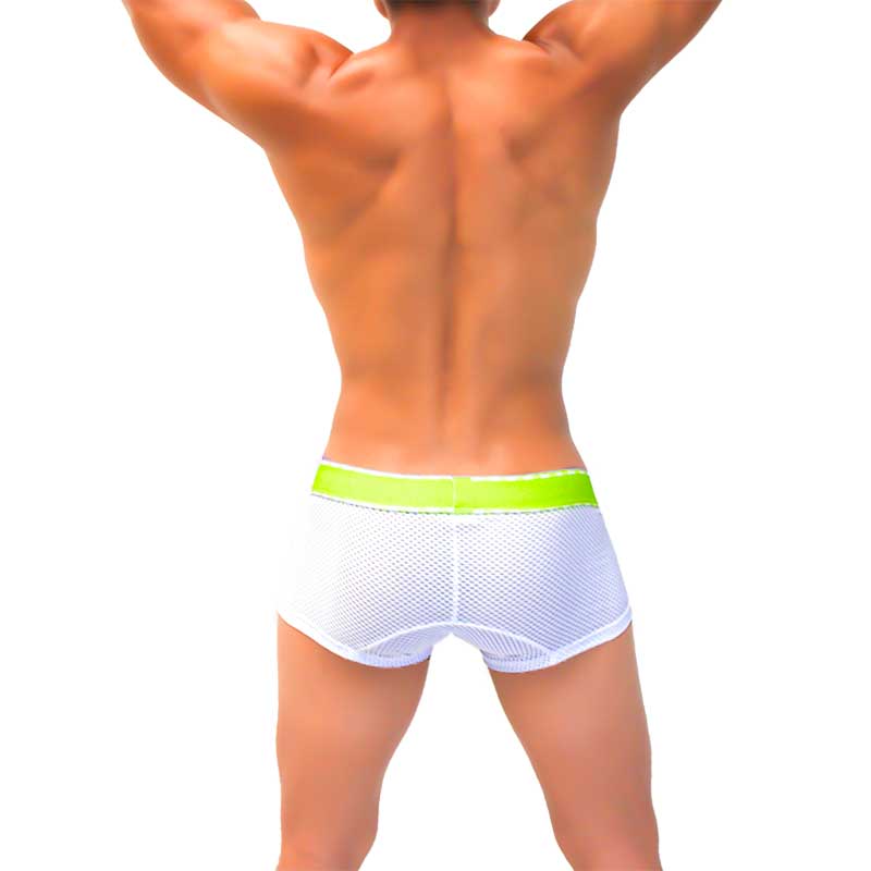 Icker sea mesh contrast boxer brief underwear in white mesh with a bright lime green waistband green COI-22-04