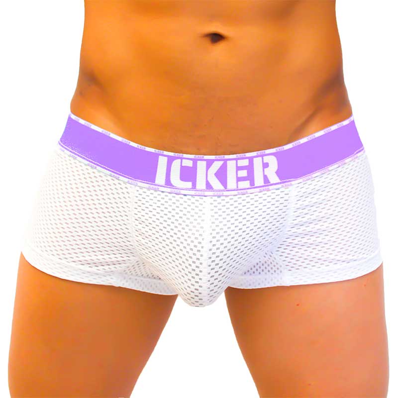 White mesh icker sea mesh contrast boxer brief underwear with purple waistband and white lettering