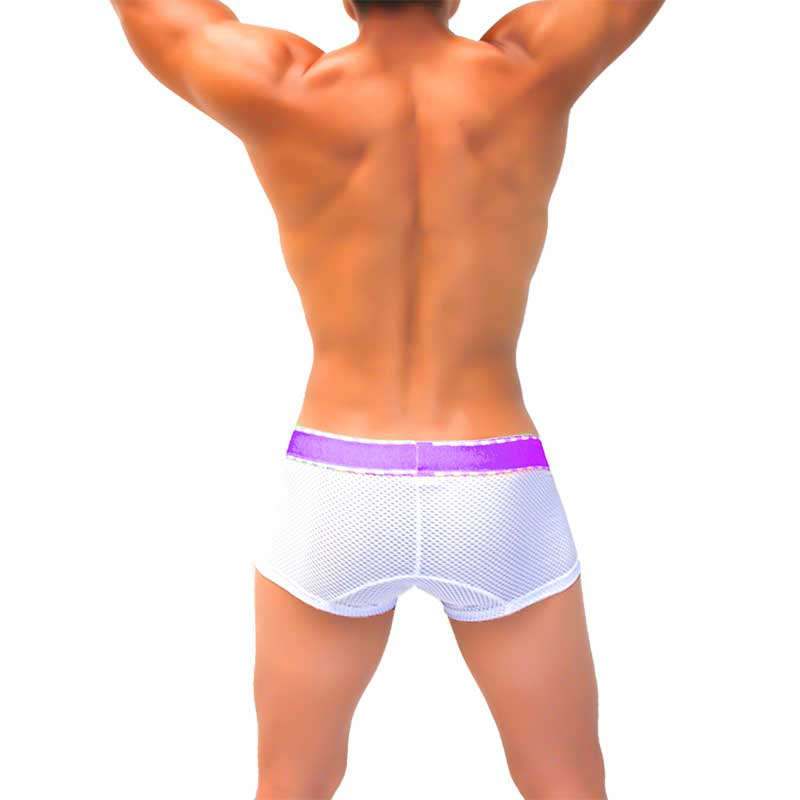 Icker Sea mesh contrast boxer brief underwear in white mesh with a vibrant purple waistband COI-22-04