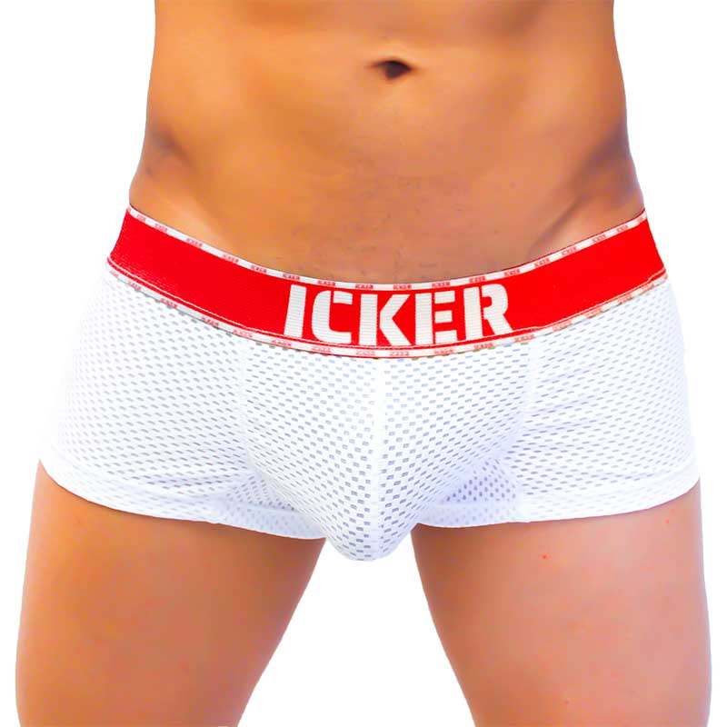 Icker sea mesh contrast boxer brief underwear in white mesh with a bold red waistband and branded logo
