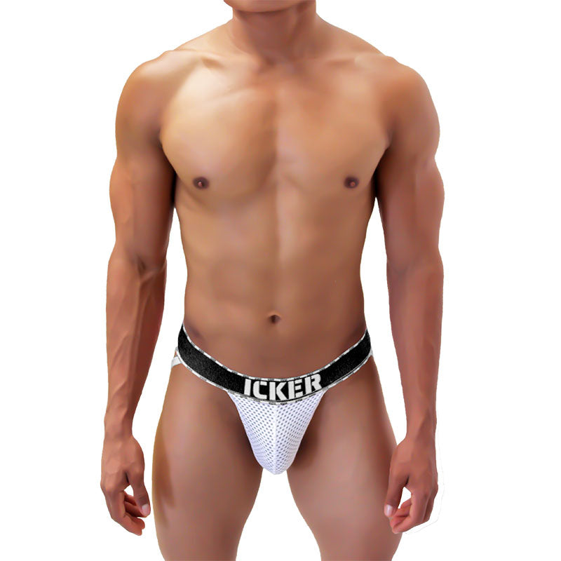 Icker sea mesh contrast jock strap underwear in white mesh with black waistband featuring bold icker branding