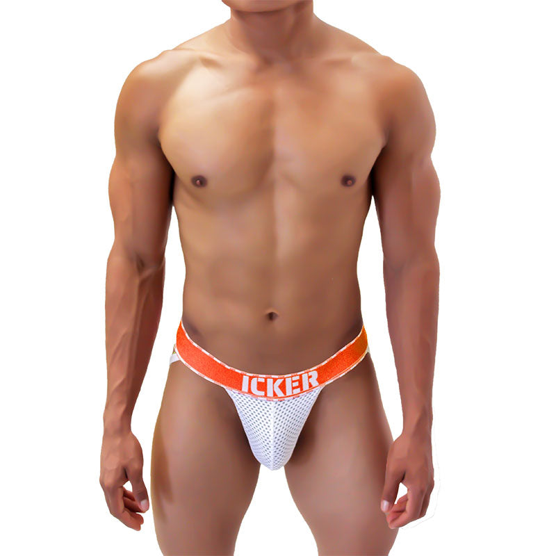 White mesh athletic brief with bold orange waistband featuring icker branding in the icker sea mesh contrast jock strap underwear