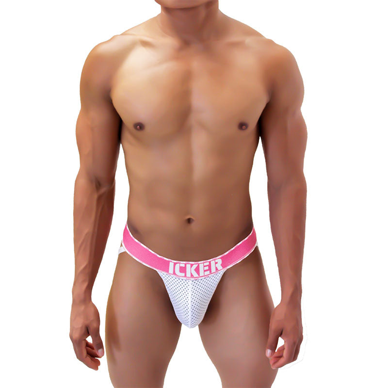 White mesh athletic brief with bright pink waistband featuring icker brand name in bold white letters from icker sea mesh contrast jock strap underwear pink coi-21-06