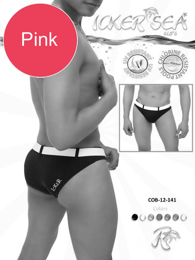 Black and white men’s swim trunks with a bold pink and white belted waistband from icker sea sailor slip bikini COB-12-141