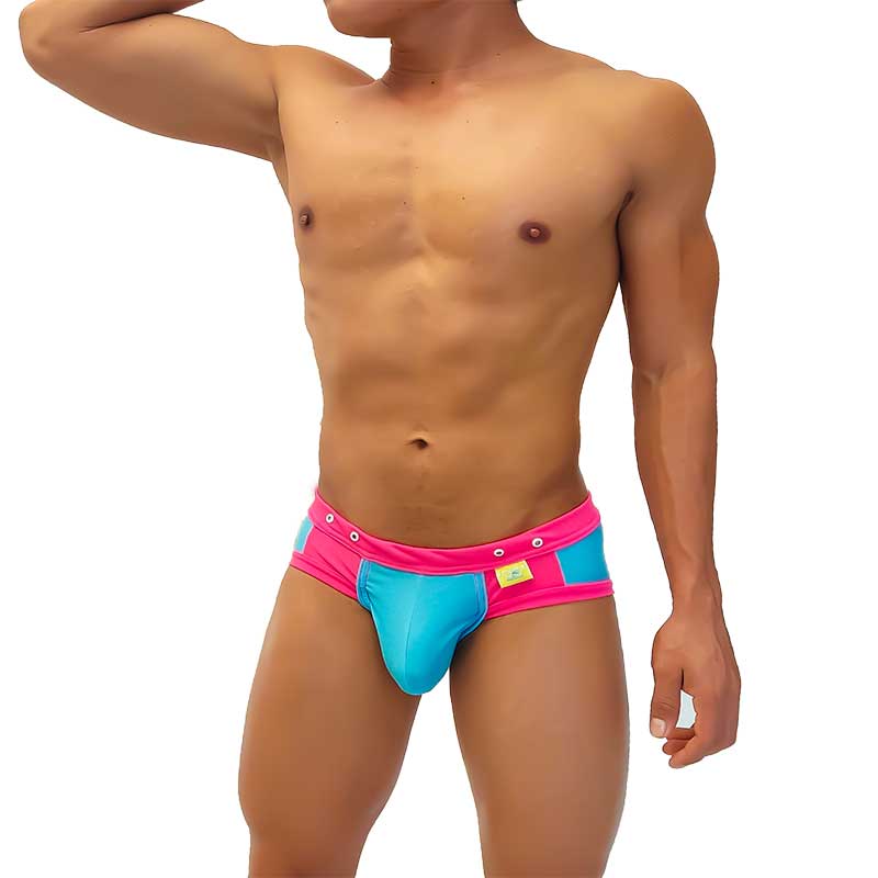 Bright pink and turquoise icker sea smile me duotone brief underwear with bold colorful design for men