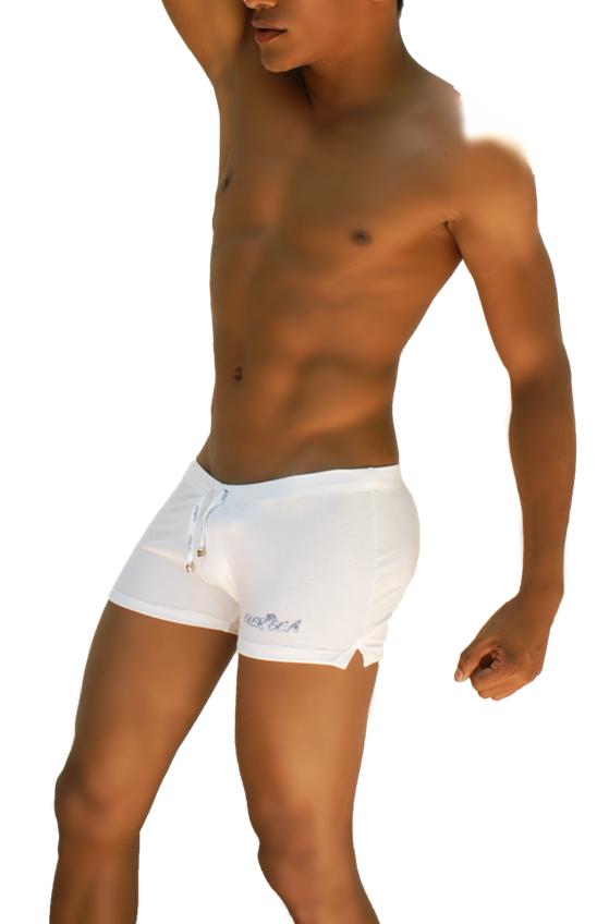 White icker sea sports side slit runner shorts with drawstring waistband and subtle logo on the side