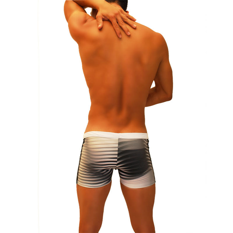 Icker Sea Steel Lines grey black and white striped men’s briefs with sleek modern design square cut trunk swimwear