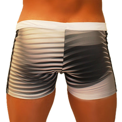 Icker Sea Steel Lines square cut trunk swimwear in grey featuring black and white striped sleek modern design