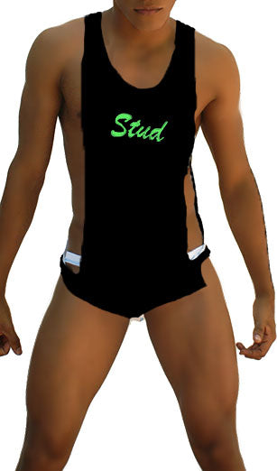 Black one-piece swimsuit with neon green stud lettering across the chest from icker sea ca-16-st-55 collection