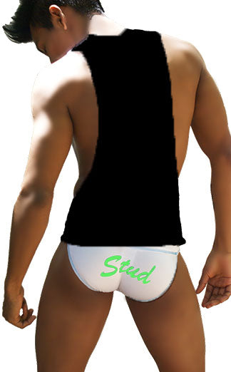 White briefs with green stud lettering paired with icker sea stud large armhole tank top black and green