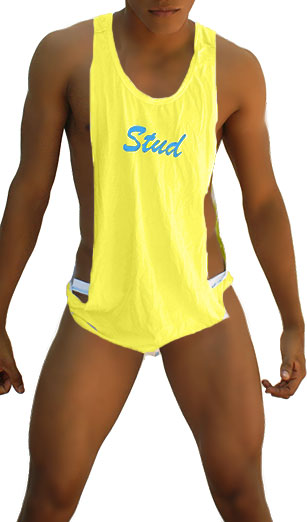 Bright yellow icker sea stud large armhole tank top with blue cursive stud text on chest in mango and blue colors