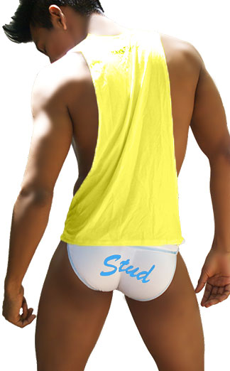 White briefs with light blue stud lettering paired with an icker sea stud large armhole tank top mango blue