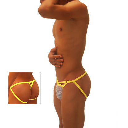 Icker sea superhero stripe cut out jock g string underwear mango color with bright yellow thin straps and white patterned pouch