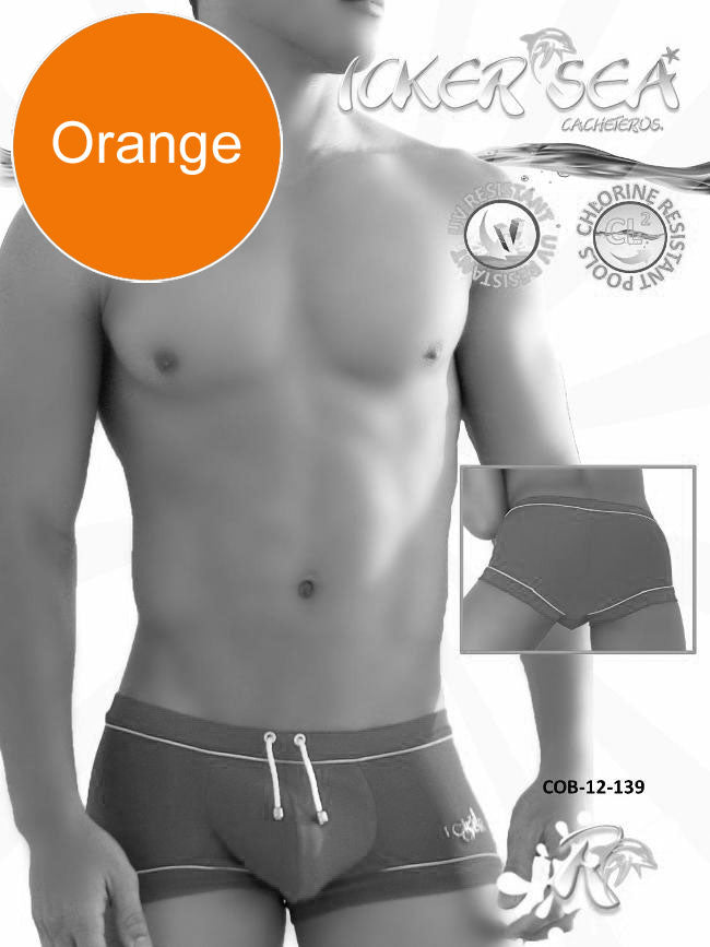 Icker Sea tory contrast line square cut orange swim trunks with white drawstrings and trim for swimming and beachwear