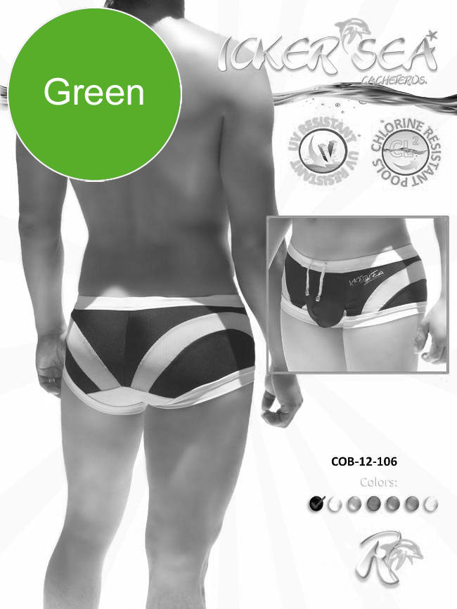 Icker Sea transparent curve square cut trunk swimwear in green and white with modern striped athletic design
