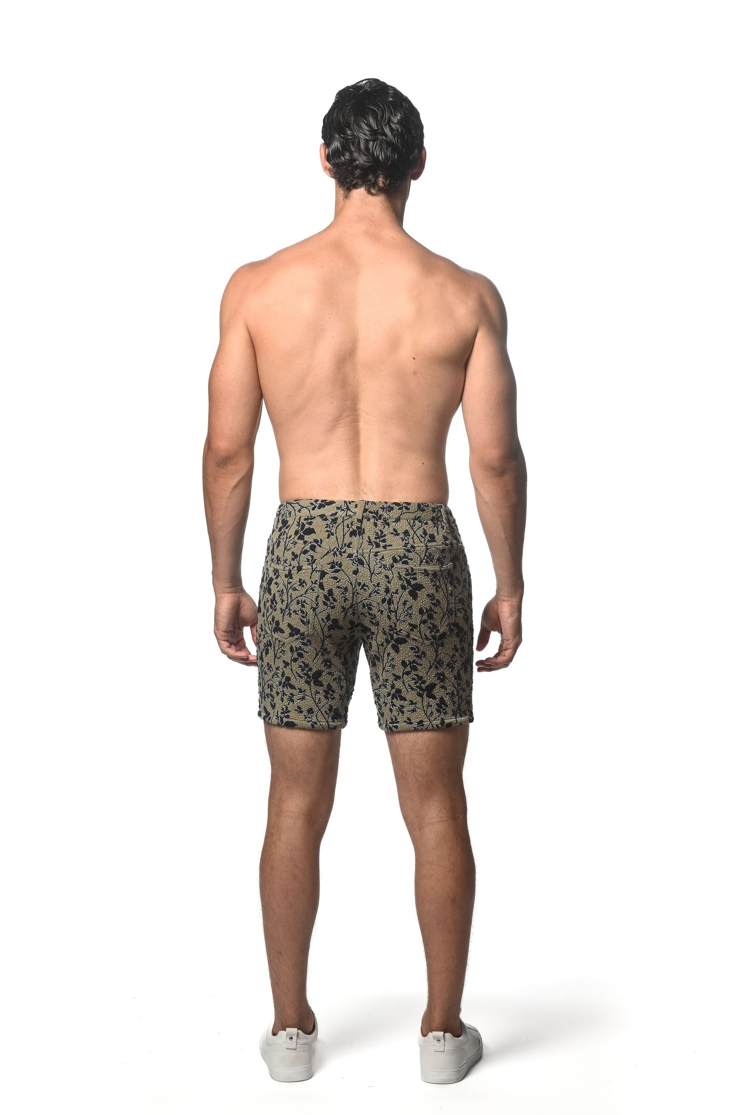 Men’s jacquard printed stretch knit olive green shorts with dark floral pattern designed for comfortable wear