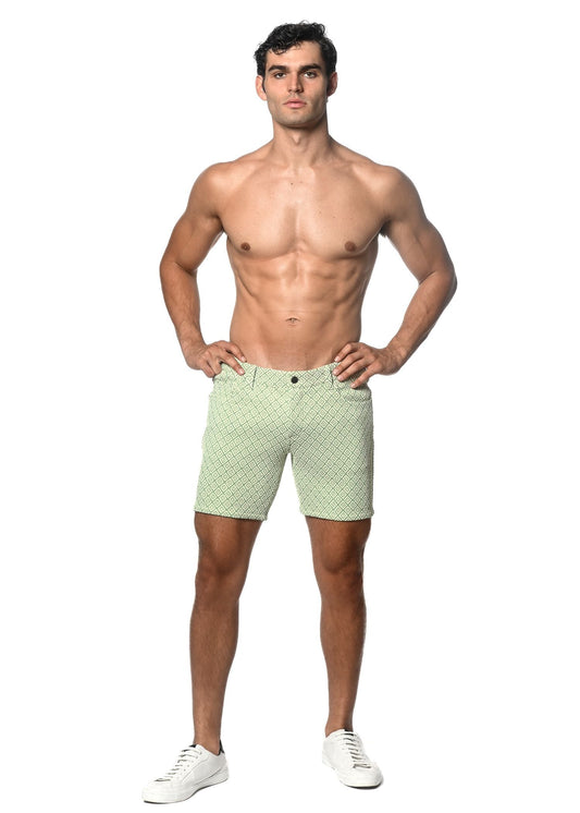 Light green jacquard printed stretch knit shorts with a subtle diamond pattern perfect for casual wear