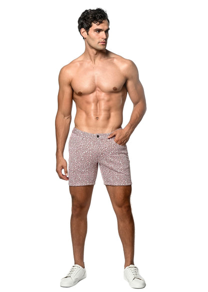 Men’s jacquard printed stretch knit shorts in pink and white speckled pattern ideal for casual wear