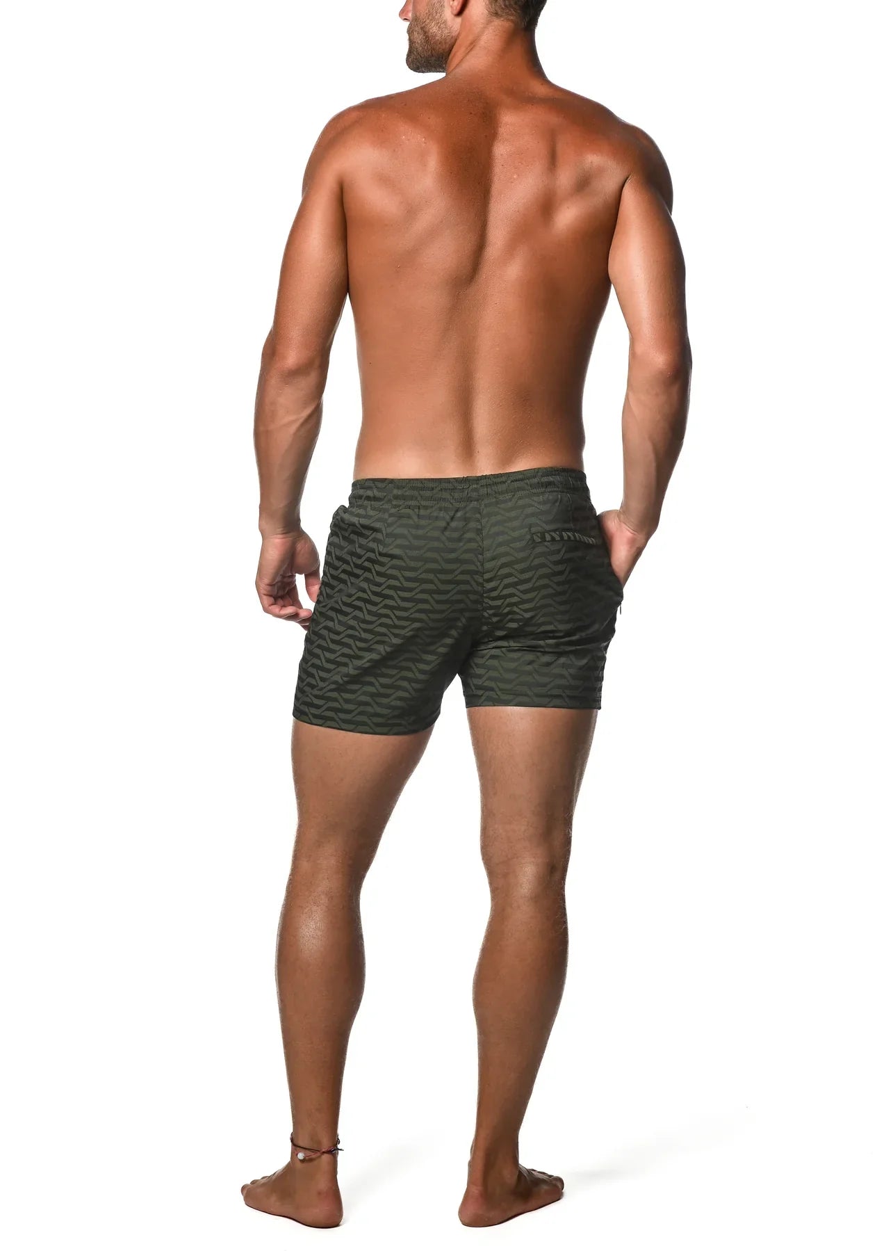 Men’s olive green jacquard stretch swim shorts with textured wavy pattern and mesh liner for comfortable wear